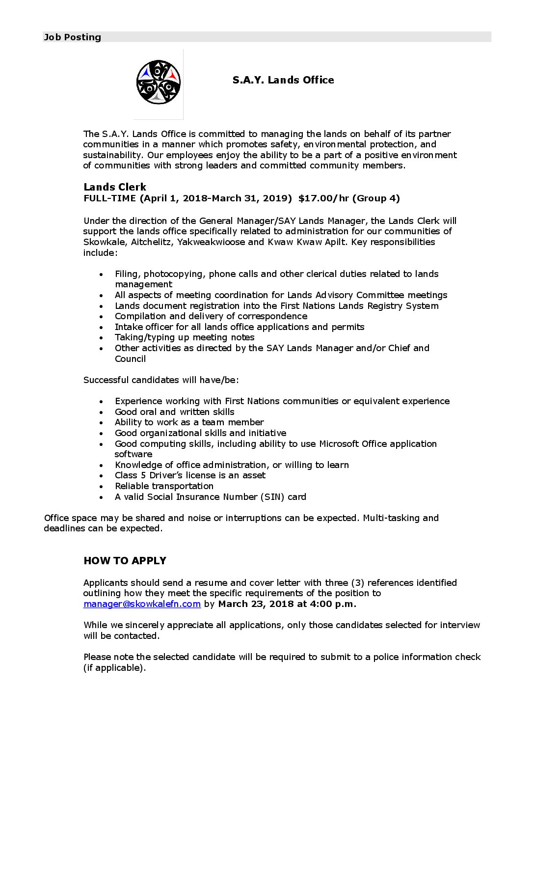 SAY Lands Clerk | SAY Lands Clerk |
