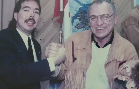 Chief William McCue and Minister Ron Irwin celebrate the government-to-government commitment to the Framework Agreement on First Nation Land Management.