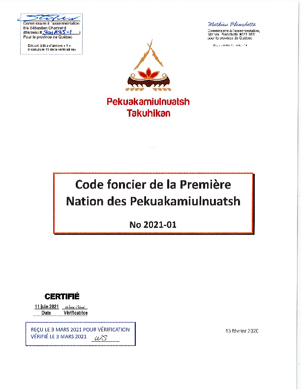 Pekuakamiulnuatsh (Mashteuiatsh) Certified Land Code.pdf