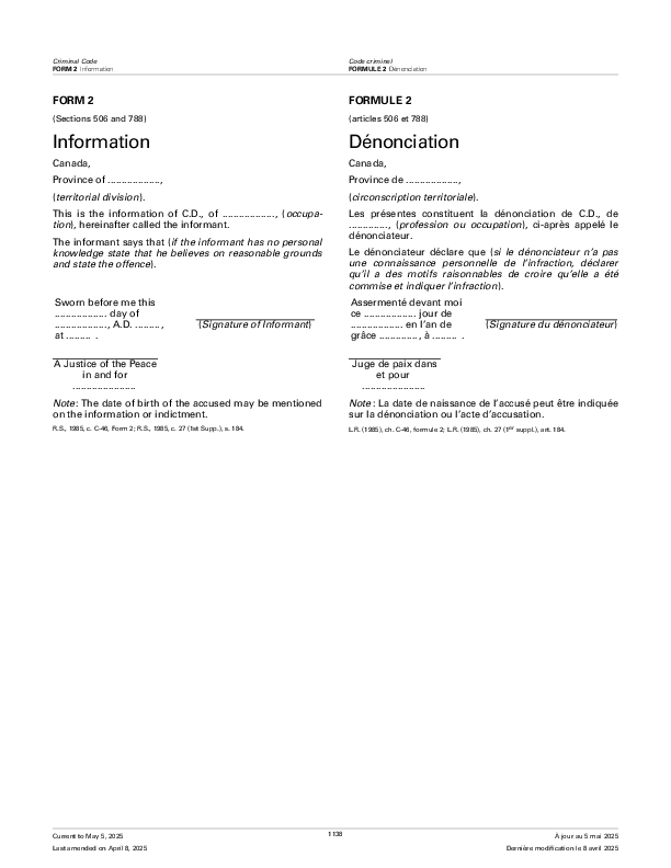 Criminal Code of Canada Form 2 Information