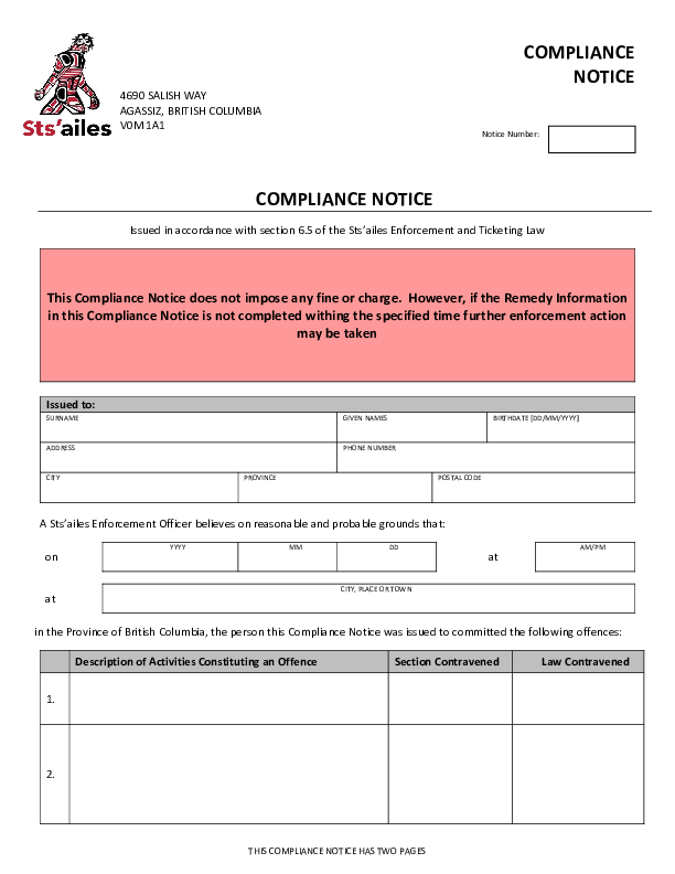 Sts'ailes Compliance Notice