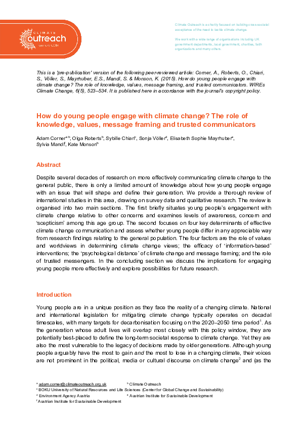 RESOURCE - WIREs article How do young people engage with climate change